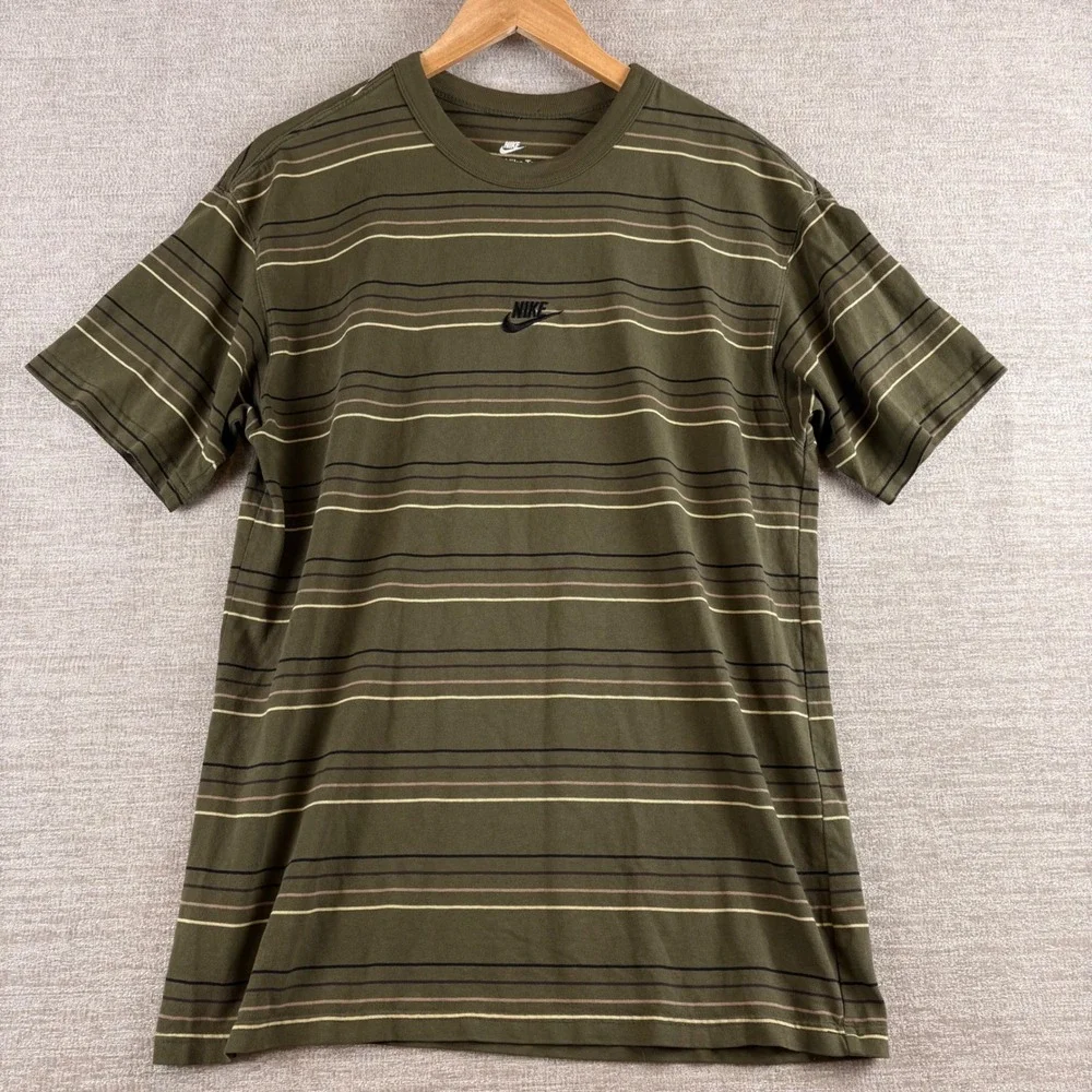 The Nike Tee Mens Striped T-Shirt Olive Green Loose Fit Embroidered Logo S Retro